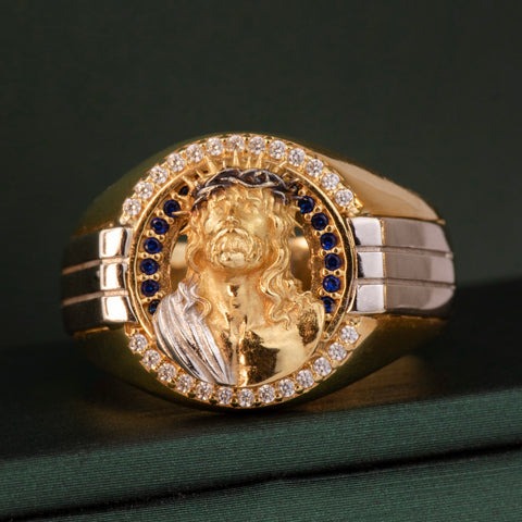 Anillo Rostro Cristo Circones Blancos Y Azules Oro amarillo y Oro blanco 18k / Talla 9 1/2 / 7,67 Gr †