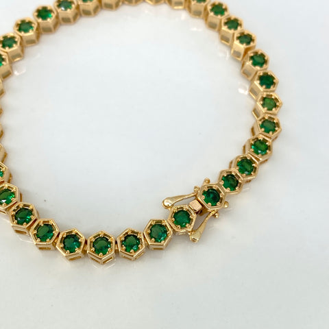 Pulso Tennis Circones Verdes NAC ESP Oro amarillo 18k +1 / 17,78 Gr / 5,1 mm / 17,2 Cm †