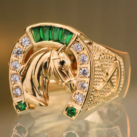 Anillo Caballo Circones Blancos Verdes POR FABRICACION Oro amarillo 18k / Talla 7/10 / 6,85 Gr *