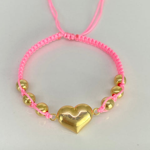 Pulsera tejida Herraje Corazon / BL 6uni 6mm / Hilo Rosa Oro amarillo 18k 2,21 Gr *