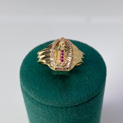 Anillo  Virgen De Guadalupe Fondo Diamantado Circones Blancos Verdes y Fucsia  Oro amarillo 18k / Talla 6 1/2 / 4,11 Gr