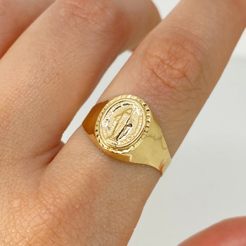 Anillo Sello Virgen Milagrosa Oro amarillo 18k / Talla 8 3/4 / 2,05 Gr †
