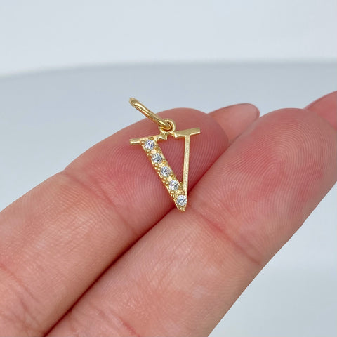 Dije Letra V Circones Blancos Oro amarillo 0,7 Gr / 1,8 Cm