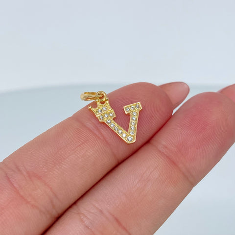 Dije Corona Letra V Circones Blancos Oro amarillo 18k 1 Gr / 2 Cm *