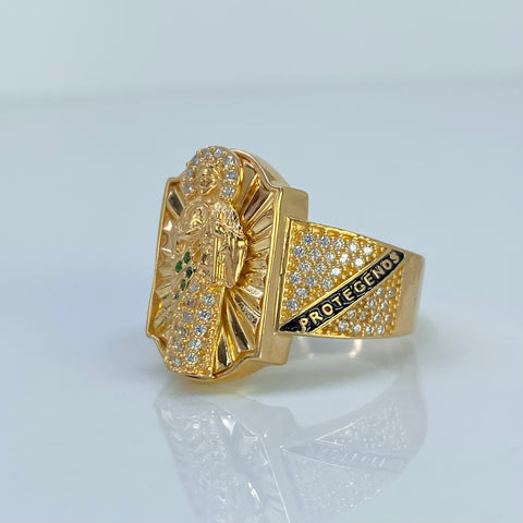Anillo San Judas Tadeo Circones Blancos Verdes Oro amarillo 18k / Talla 10 1/2 / 9,83 Gr †