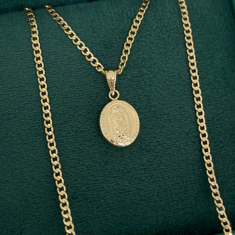 Set Cadena ● Cubana + Dije Virgen Guadalupe Oro amarillo 18k 2,29 Gr / 2 mm / 45 Cm *