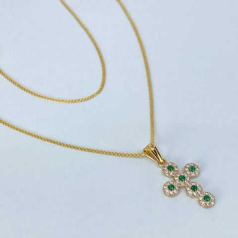 Set Cadena ● China + Dije Cruz Circones Blancos Verdes Oro amarillo 18k 3,2 Gr / 1 mm / 50 Cm †