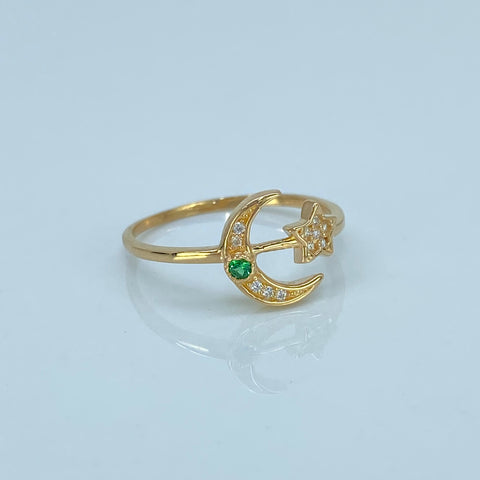 Anillo Luna Estrella Circones Blancos Verde Oro amarillo 18k / Talla 7 1/2 / 1,76 Gr †