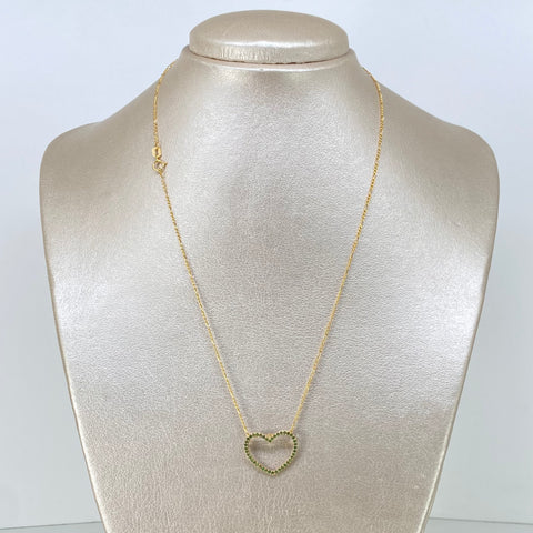 Set Cadena ● Tres Por Uno + Dije Corazon Circones Verdes Oro amarillo 18k 2 Gr / 1 mm / 45 Cm †