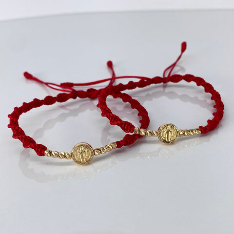 Pulsera tejida Pareja Herraje San Benito / BD 8uni 3mm / Hilo Rojo Oro amarillo 1,25 Gr †