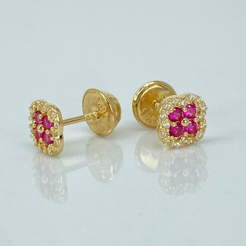 Topos Trebol Circones Fucsias Blancos Oro amarillo 18k 0,95 Gr / 5,5 mm