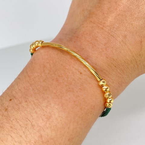 Pulsera tejida Herraje Entochado / BD 6uni 4mm / BL 4uni 4mm / Hilo Verde Oro amarillo 1,11 Gr *