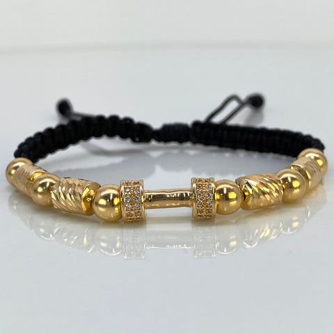 Pulsera tejida Pesa / Cilindros / Bolas Lisas 6 Und 6 mm Hilo Negro Oro amarillo 18k 4,66 Gr †