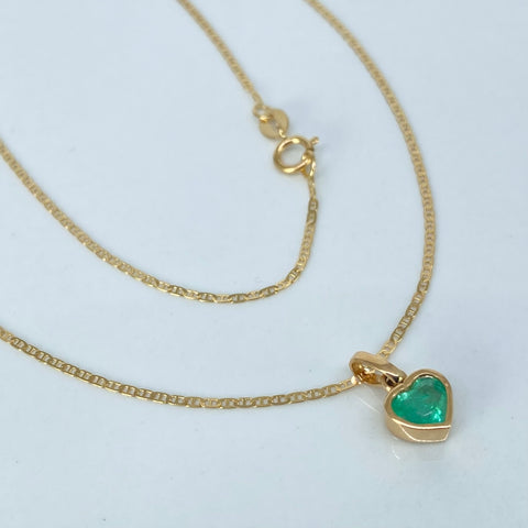 Set Cadena ● Escalera Plana + Dije Corazon Esmeralda 38PTS Oro amarillo 18k 2,03 Gr / 1 mm / 45 Cm †