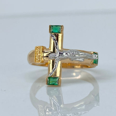 Anillo Cruz Cristo Circones Verdes En Puntas Oro amarillo y Oro blanco 18k / Talla 8 / 3,63 Gr †