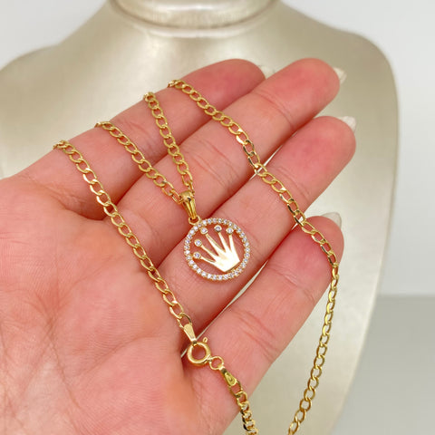 Set Cadena ● Cubana + Dije Corona RX Circones Blancos Oro amarillo 18k 4,1 Gr / 2,7 mm / 45 Cm *
