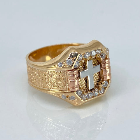 Anillo Cruz Central Con Circones Blancos Tres oros 18k / Talla 9 / 6,57 Gr †
