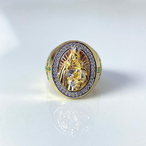 Anillo Virgen Del Carmen  Circones Blancos Y Verdes Tres oros 18k / Talla 8 1/2 / 9,85 Gr †