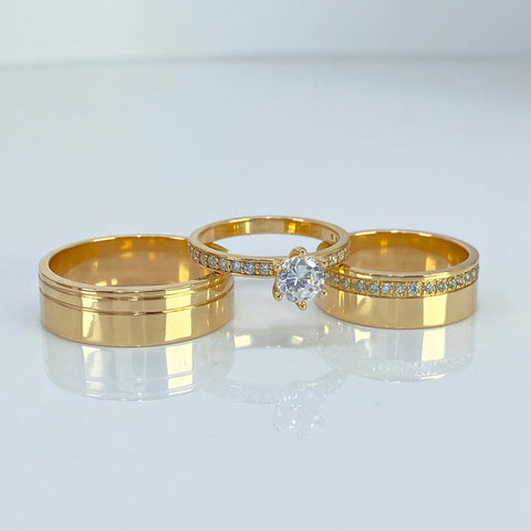 Anillo Argollas Matrimonio Con Anillo Solitario Circón Blanco POR FABRICACIÓN Oro amarillo 18k / Talla 7 / 18,14 Gr *