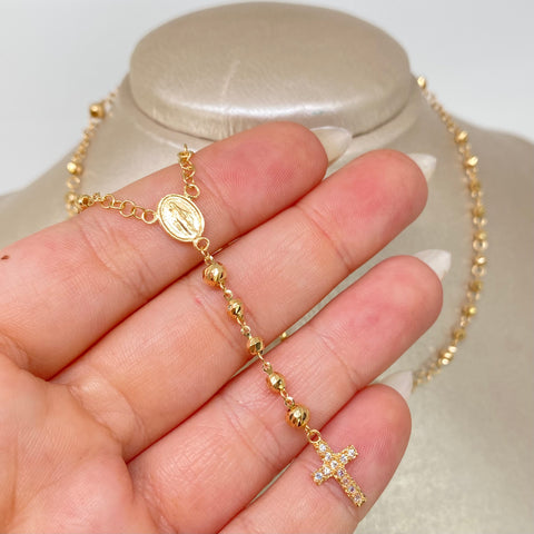 Rosario Virgen Milagrosa Circones Blancos / Bolas Diamantadas 4/3mm Oro amarillo 18k 6,30 Gr / 50 Cm *