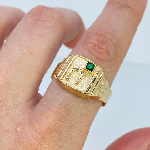 Anillo Sello Herradura Circón Verde Oro amarillo 18k / Talla 12 1/2 / 3,9 Gr †