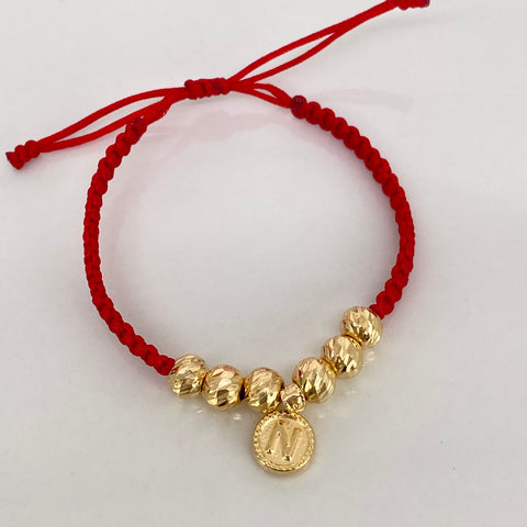 Pulsera tejida Bebe Dije Letra N / BD 6uni 6mm / Hilo Rojo Oro amarillo 18k 1,28 Gr *