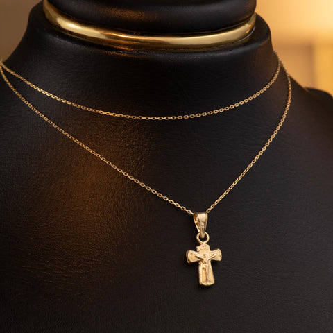 Set Cadena ● Aro Seguido + Dije Cruz Mini Cristo Oro amarillo 18k 1,5 Gr / 1 mm / 45 Cm *