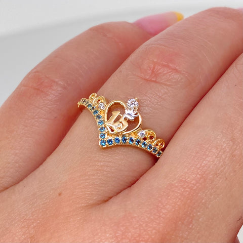 Anillo Tiara 15años Circones Blancos Celestes Oro amarillo / Talla 6 1/4 / 2 Gr †