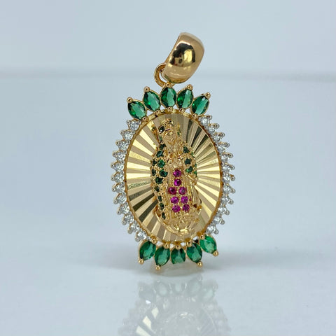 Dije Virgen Guadalupe Circones Verdes Blancos Oro amarillo 4,85 Gr / 3,5 Cm