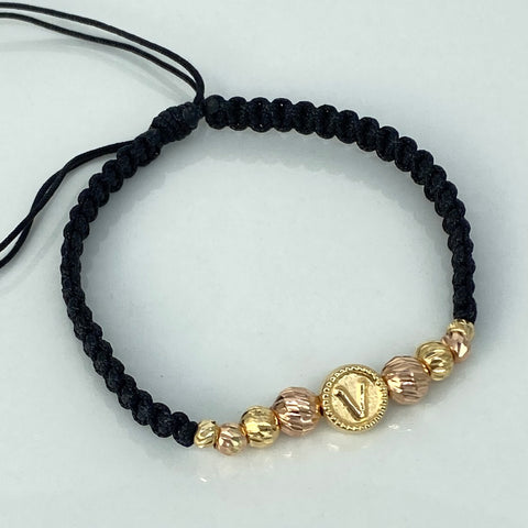 Pulsera tejida Herraje Letra V / BD 8uni 6/5/4/3mm / Hilo Negro Oro amarillo y Oro rosa 18k 1,07 Gr *