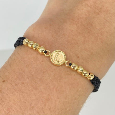 Pulsera tejida Herraje Letra L / BL 4uni BD 4uni 4mm / Hilo Negro Oro amarillo 18k 1,1 Gr *