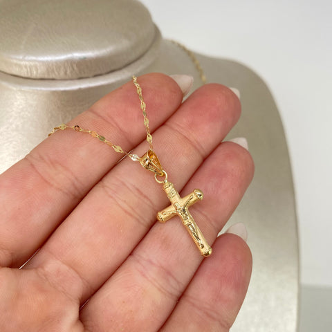 Set Cadena ● Flor Espejo Crispeta + Dije Cruz Cristo Oro amarillo 18k 1,49 Gr / 1,5 mm / 45 Cm *