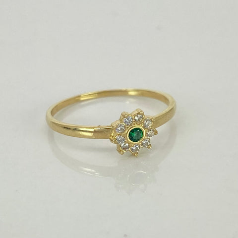 Anillo Flor Circones Blancos Verde Oro amarillo 18k / Talla 7 / 1,52 Gr *