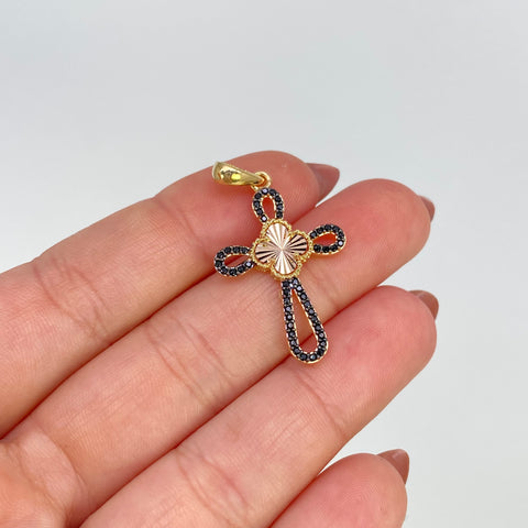 Dije Silueta Cruz Circones Negros Trebol Diamantado Oro amarillo y Oro rosa 18k 2,41 Gr / 3,4 Cm †