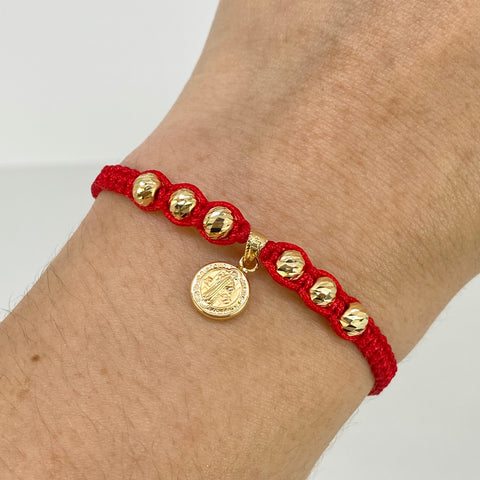 Pulsera tejida Dije San Benito / BD 6uni 5mm / Hilo Rojo Oro amarillo 18k 1,0 Gr *
