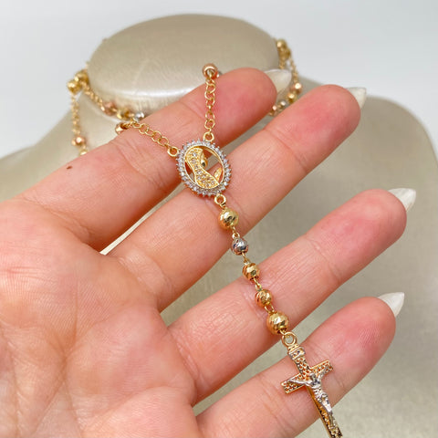 Rosario Virgen Maria Circones Blancos / Bolas Diamantadas 5/4mm Tres oros 18k 11,12 Gr / 55 Cm †