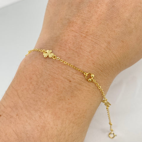 Pulso ● Aro Seguido Trebol Diamantados Oro amarillo 18k +3 / 1,32 Gr / 2 mm / 17 Cm *