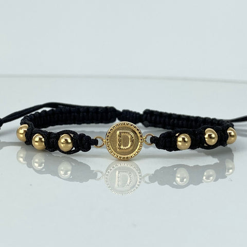 Pulsera tejida Herraje Letra D / BL 6uni 5mm / Hilo Negro Oro amarillo 18k 1,2 Gr *