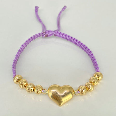 Pulsera tejida Herraje Corazon / BD 6uni 6mm / Hilo Lila Oro amarillo 18k 2,25 Gr †