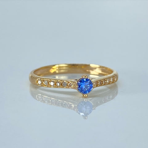Anillo Solitario Circones Blancos Azul Oro amarillo / Talla 5 3/4 / 1,7 Gr *