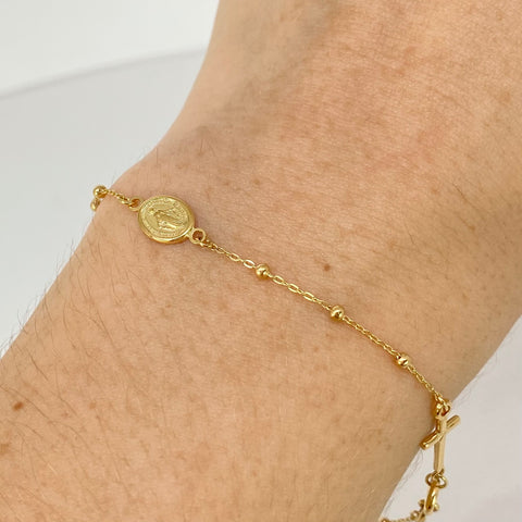 Pulso ● Denario Virgen Milagrosa Bolas Lisas 2mm Oro amarillo 18k +3 / 1,65 Gr / 18 Cm *