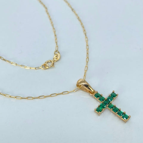 Set Cadena ● Cajon + Dije Cruz Circones Verdes Oro amarillo 18k 2,4 Gr / 1 mm / 50 Cm †