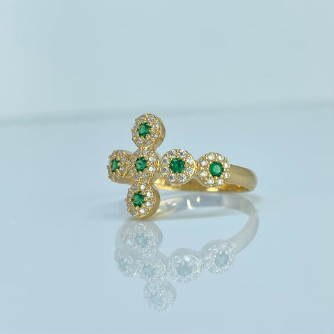 Anillo Cruz Circulos Circones Blancos Verdes Oro amarillo 18k / Talla 7 3/4 / 2,49 Gr