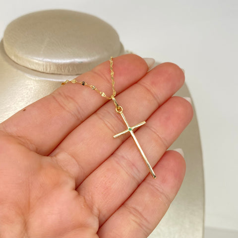 Set Cadena ● Flor Espejo Crispeta + Dije Cruz Circon Verde Oro amarillo 18k 1,58 Gr / 1,5 mm / 45 Cm *