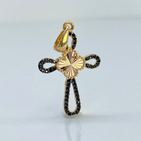 Dije Silueta Cruz Circones Negros Trebol Diamantado Oro amarillo y Oro rosa 18k 2,41 Gr / 3,4 Cm †