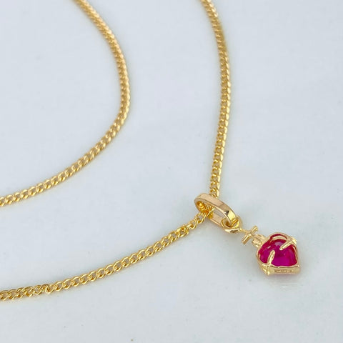 Set Cadena ●  Mini Cubana + Dije Corazón Circon Fucsia Oro amarillo 18k 1,76 Gr / 1,2 mm / 50 Cm *