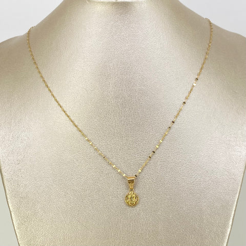 Set Cadena ● Flor Espejo Crispeta + Dije San Benito Oro amarillo 18k 1,37 Gr / 1,5 mm / 50 Cm *