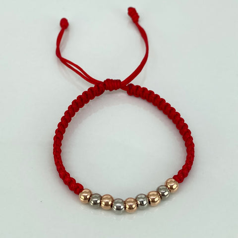 Pulsera tejida Bolas Lisas 9uni 5mm / Hilo Rojo Oro blanco y Oro rosa 18k 1,09 Gr *