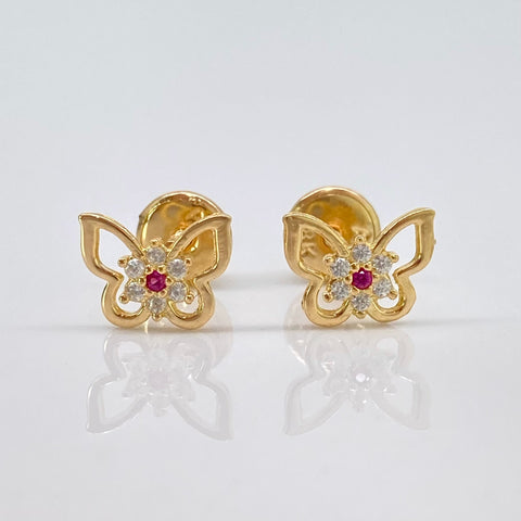 Topos Silueta Mariposa Circones Blancos Y Fucsia Oro amarillo 18k 0,83 Gr / 5,9 mm
