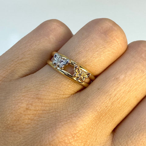 Anillo Mariposas Doble Líneas Tres oros 18k / Talla 7 1/4 / 1,96 Gr †